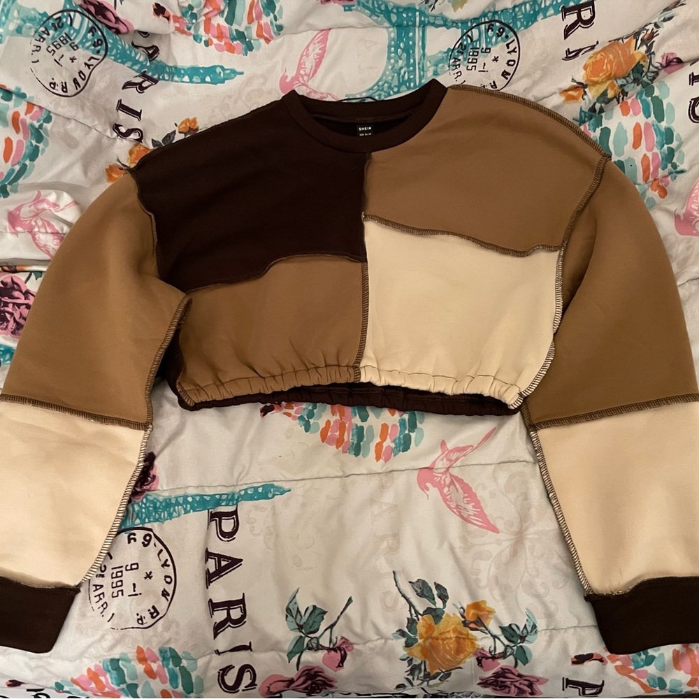 Brown & Cream Color Block  Patchwork Cropped Sweatshirt